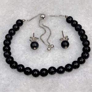 Burmese Black Jade Sterling Silver BOLO Bracelet & Stud Earrings Set